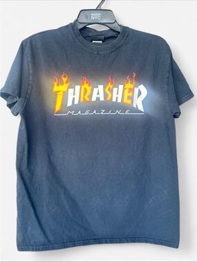 Thrasher Black Tee with Blue Tag Logo